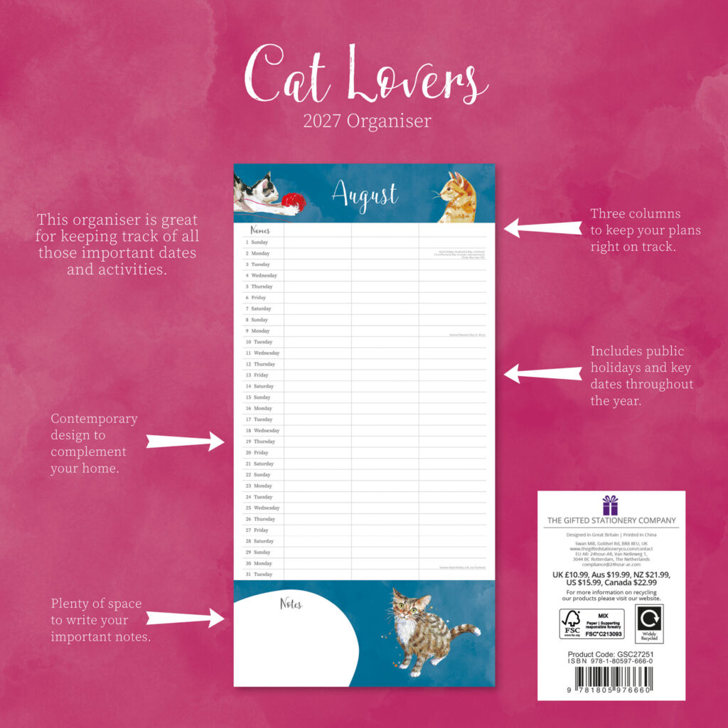 Cat Lovers Organiser Square Wall Calendar from the Cinnamon Trust Charity Webshop | Make a difference with every purchase