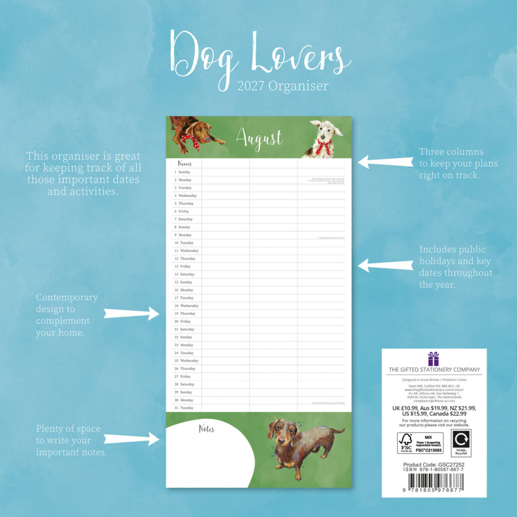 Dog Lovers Organiser Square Wall Calendar from the Cinnamon Trust Charity Webshop | Make a difference with every purchase
