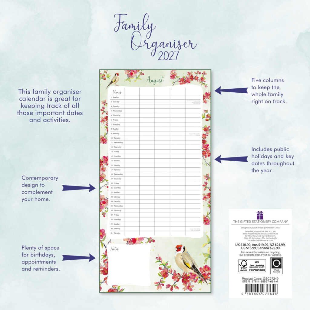 Family Organiser Birdsong Square Wall Calendar from the Cinnamon Trust Charity Webshop | Make a difference with every purchase